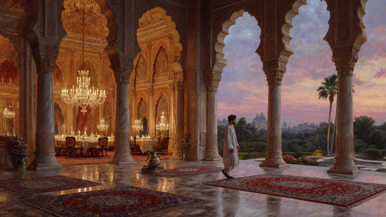 Falaknuma Palace at dusk, lit from within, with silver dinner service and Persian rugs in the grand ballroom.