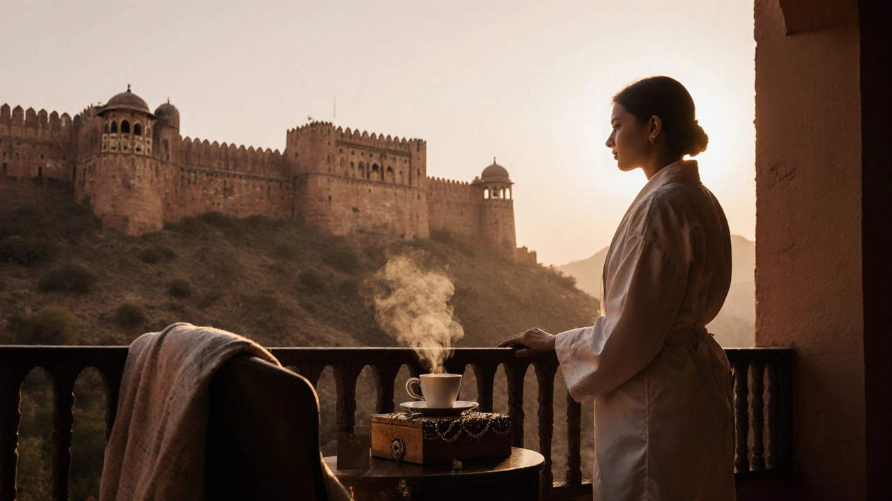 Guest on private balcony at dawn watching the Jaisalmer Fort rise in golden light, tea cup nearby.