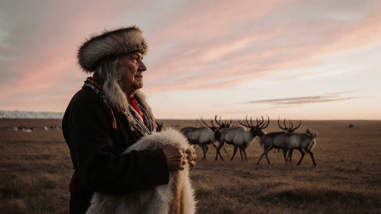Gwich’in elder on tundra with caribou herd at dawn, holding traditional garment.