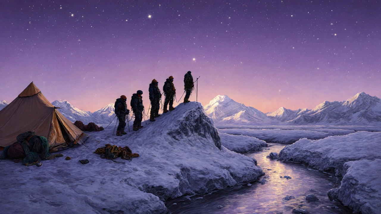 Indian mountaineers summiting K2 at dawn without supplemental oxygen.