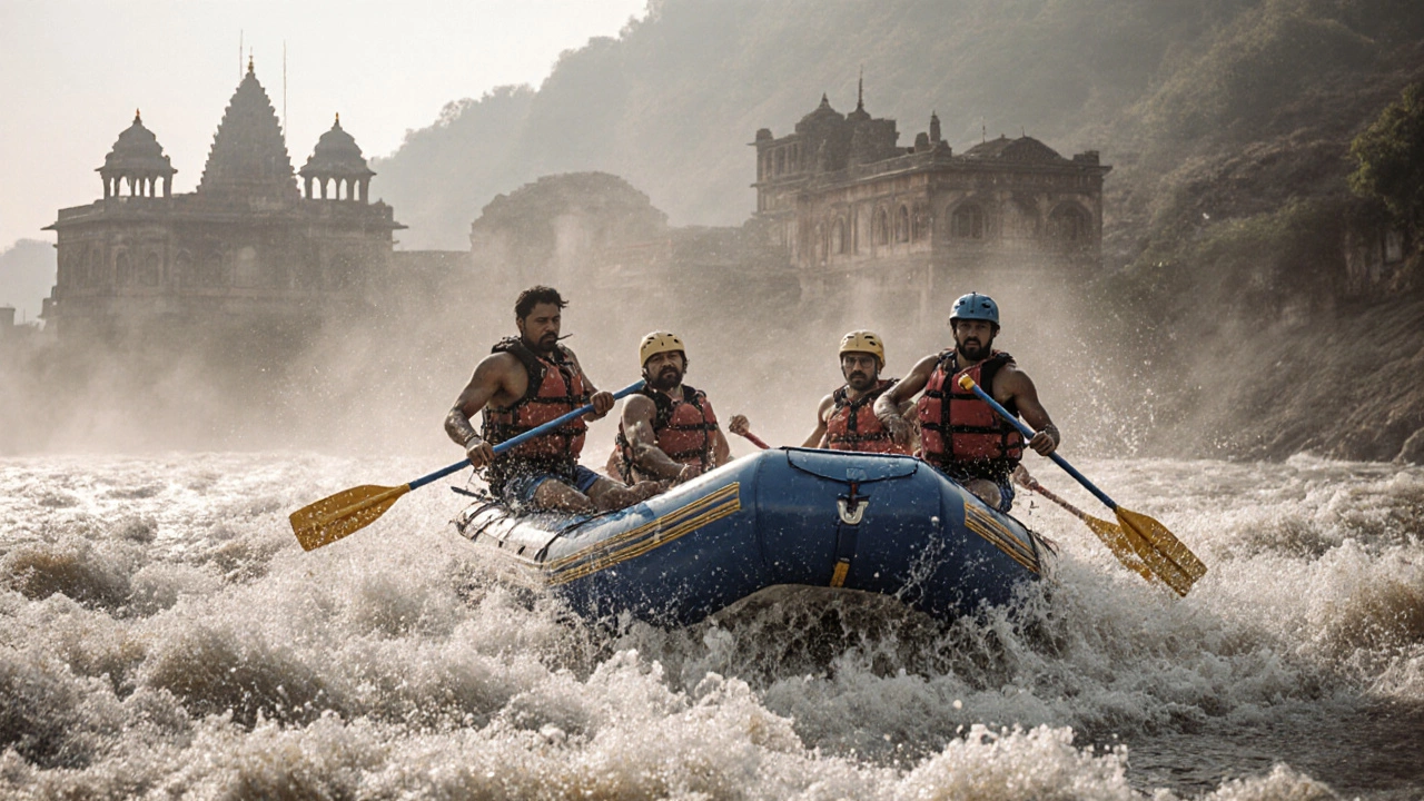 Indian rafters navigating powerful rapids on the Ganges River in Rishikesh.