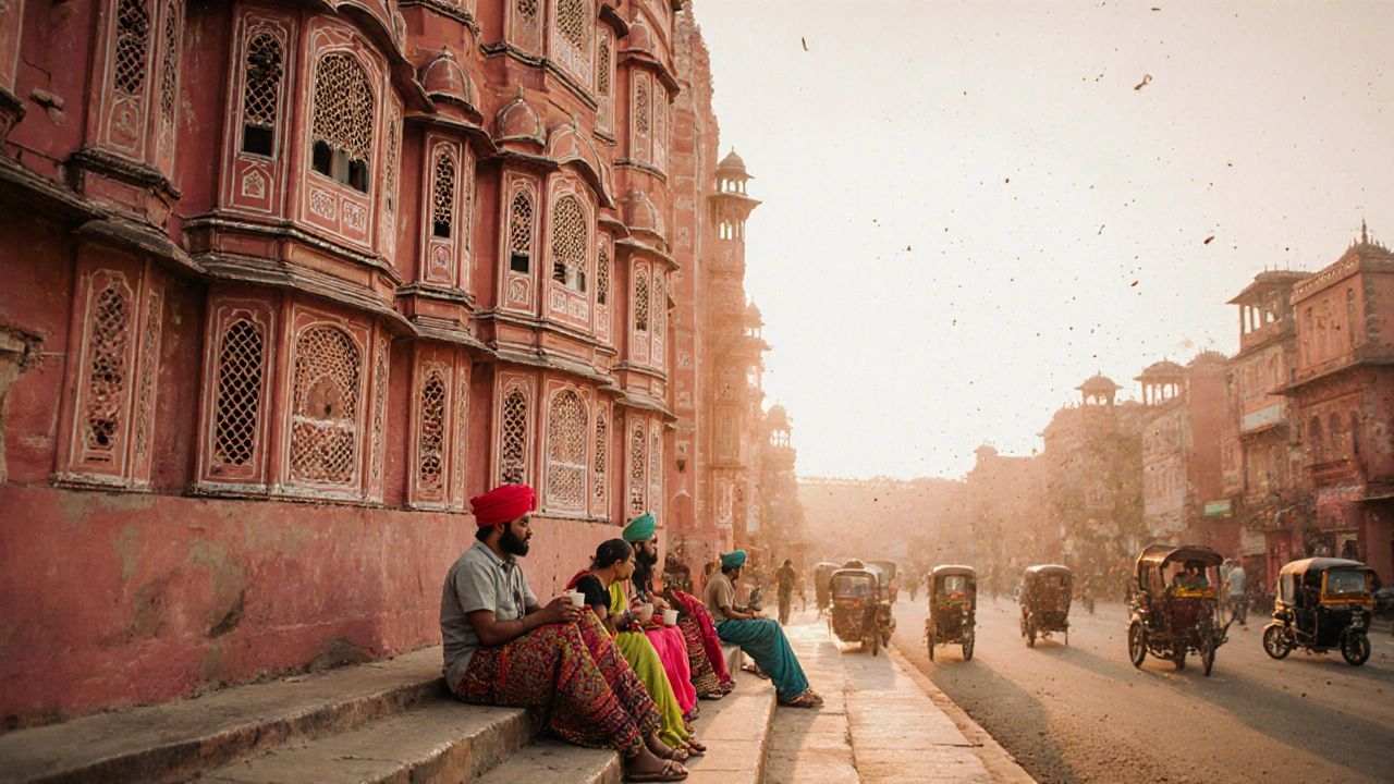 Late afternoon glow on Jaipur&#039;s Hawa Mahal with locals sitting on steps, sipping chai.
