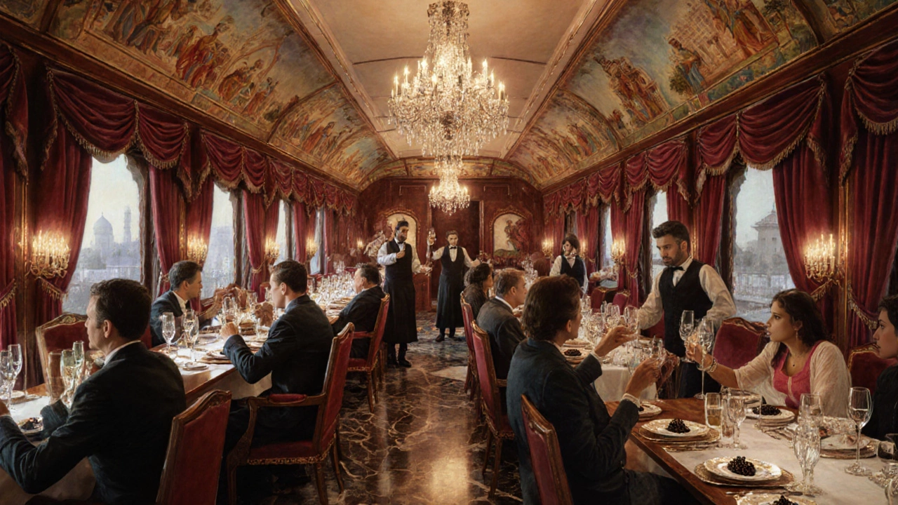 Opulent dining car with crystal chandeliers, fine china, and hand-painted Mughal murals under warm candlelight.