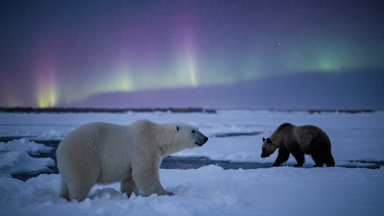 Polar bear and grizzly bear in winter landscape under aurora-lit sky.