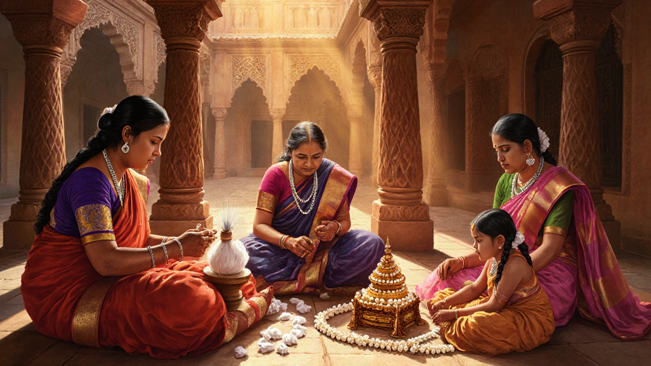 Three generations of women in traditional saris spinning cotton and arranging jasmine garlands in a Chettinad courtyard.