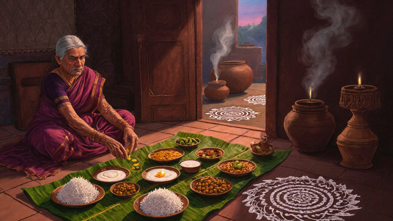 Traditional Tamil Nadu meal served on a banana leaf with kolam patterns outside the kitchen door.