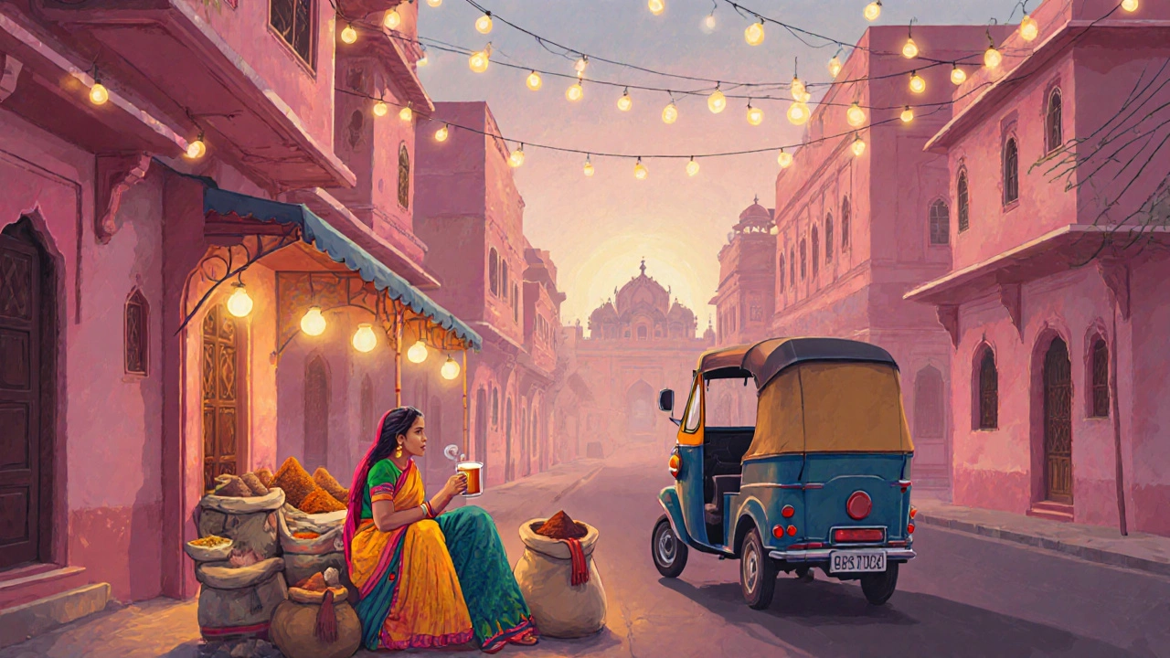 Vibrant Jaipur street at dusk with pink buildings, chai stall, auto-rickshaw, and historic monument silhouette.