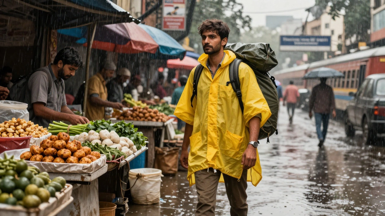 A budget traveler in a yellow poncho walking through a rainy Delhi street, passing a market selling grilled corn and fritters.