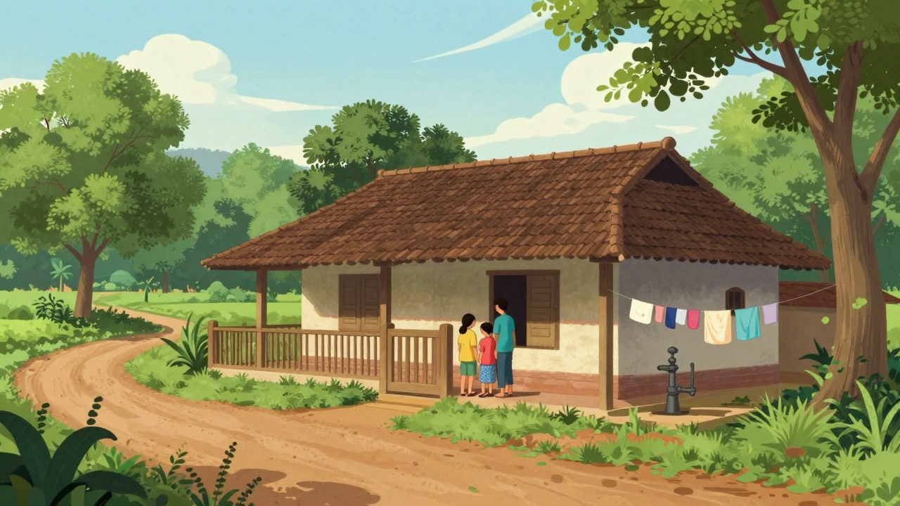 A quiet rural house in India with a courtyard, hand pump, and laundry drying under a green sky.