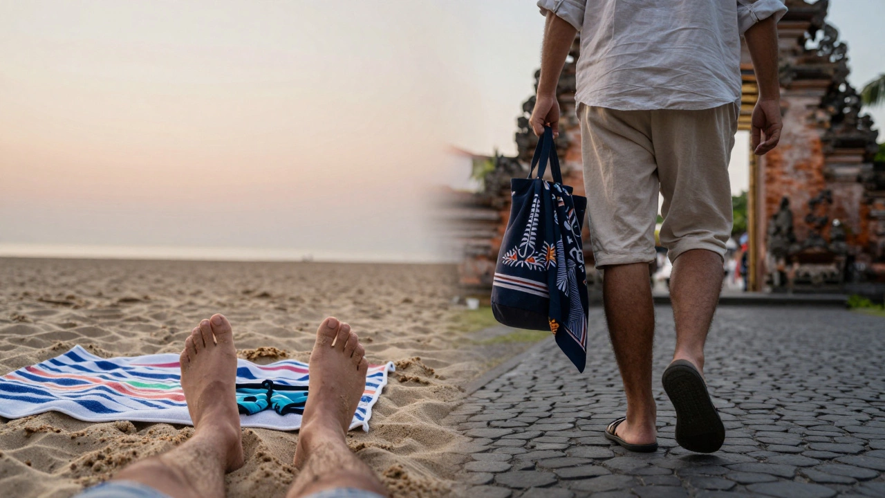A split image showing a person transitioning from beachwear to modest town attire with a sarong nearby.