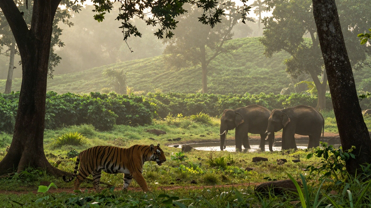 A tiger emerging from misty jungle in Karnataka&#039;s wildlife sanctuary with elephants and coffee hills in background.