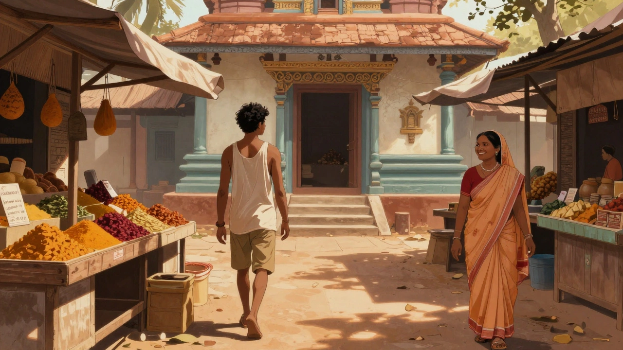 A traveler in casual shorts walks through a vibrant Goan market near a traditional temple entrance.