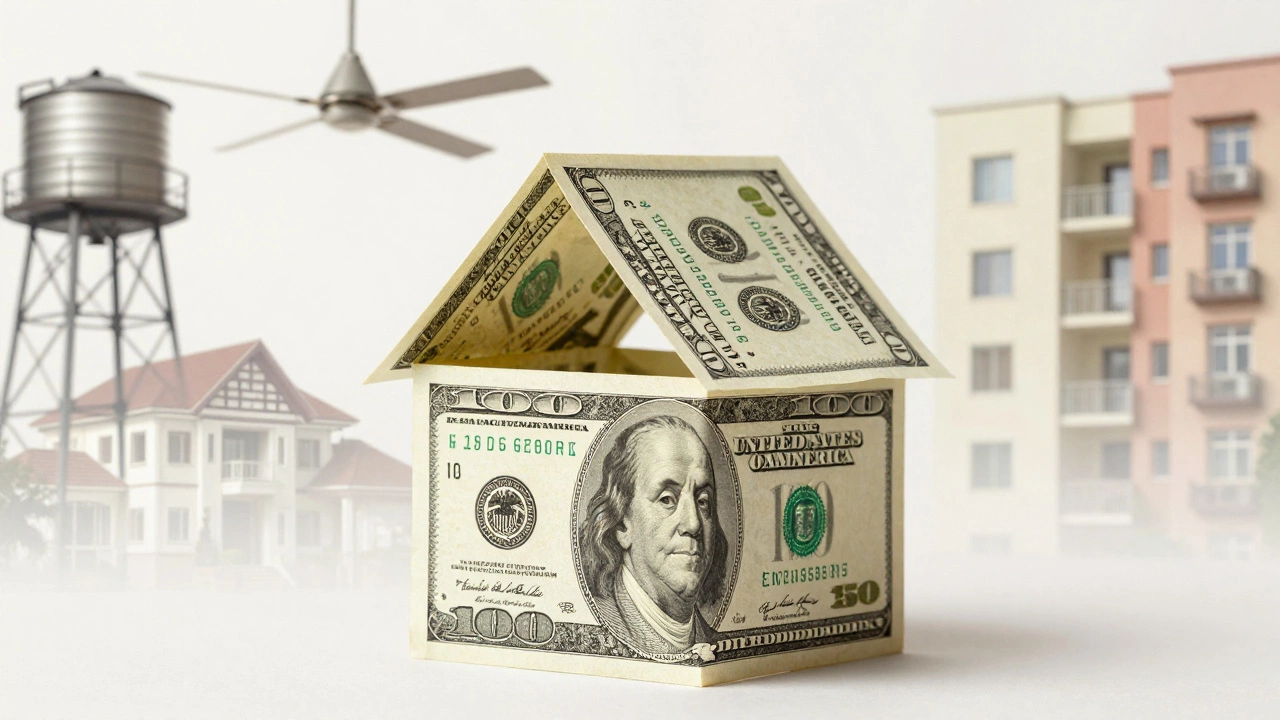 A US dollar bill shaped into a house, blending Indian home elements like water tanks and fans.