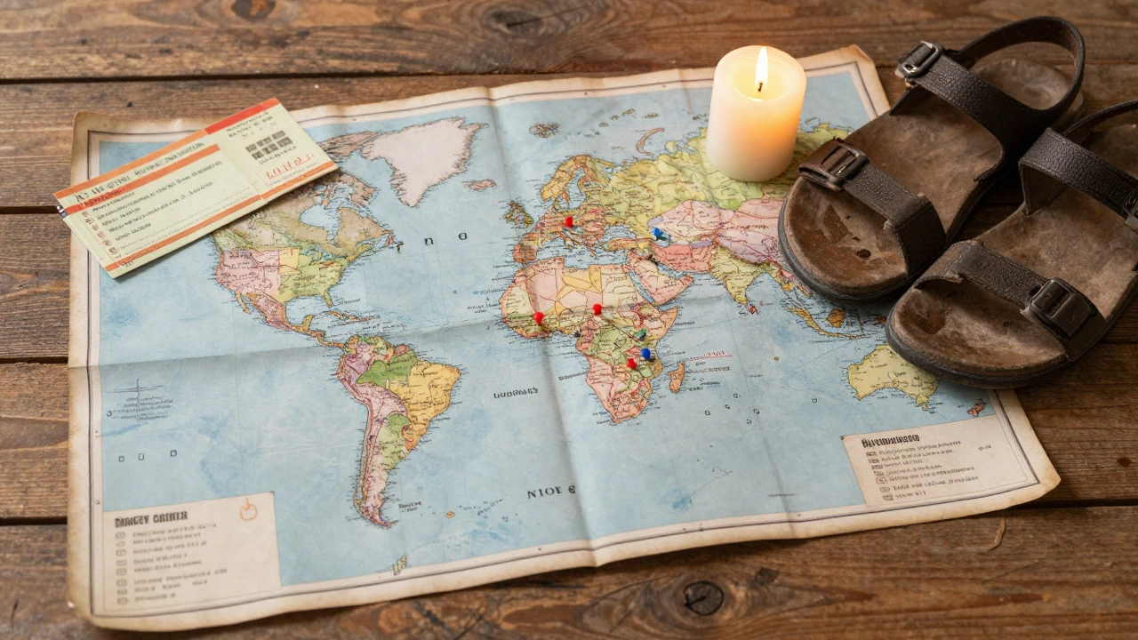 A worn map with travel notes, tickets, and sandals beside a burning candle, symbolizing slow, meaningful travel.
