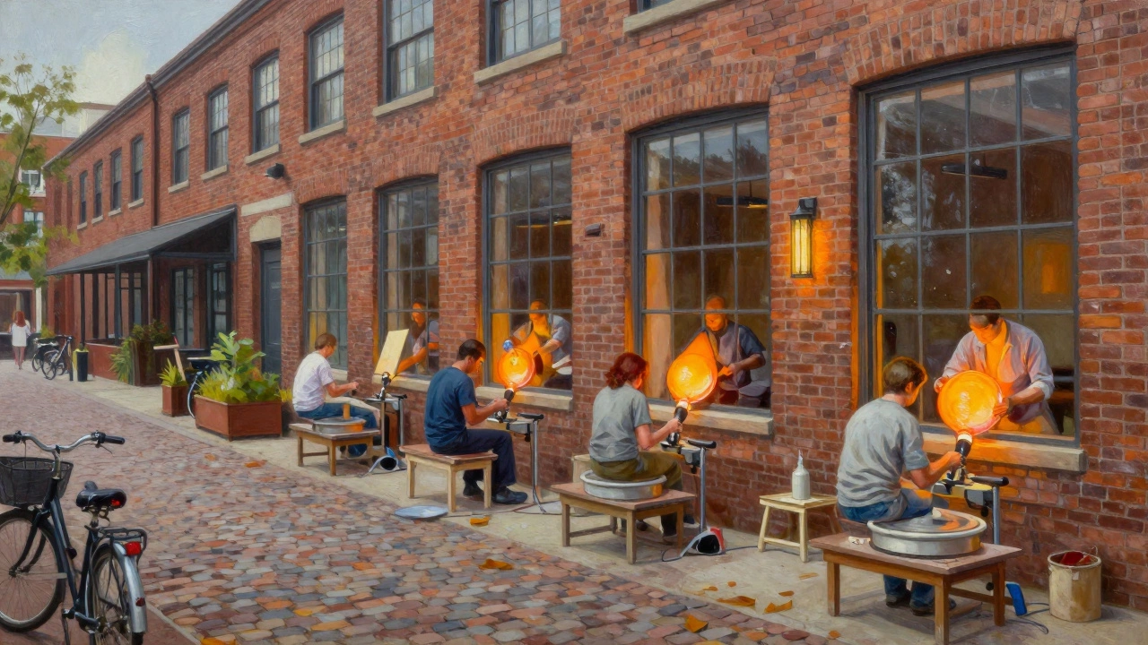 Artists working in converted factories of Asheville's River Arts District, soft afternoon light.