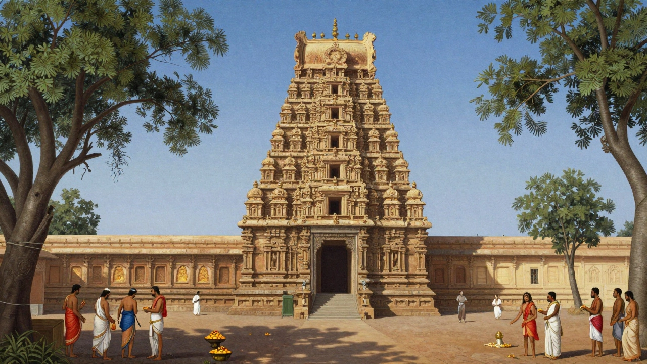 Brihadeeswarar Temple at noon with no shadow, surrounded by devotees and banyan trees.