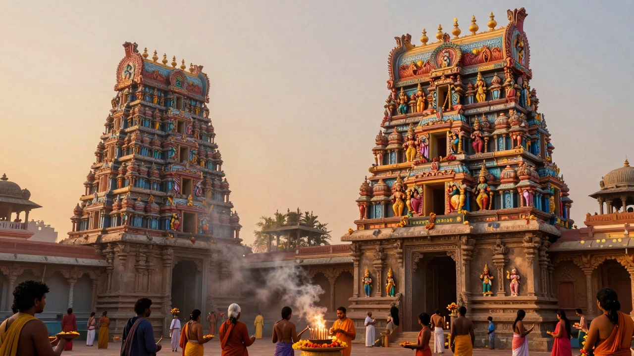 Colorful Meenakshi Temple towers filled with devotees and intricate sculptures at sunrise.