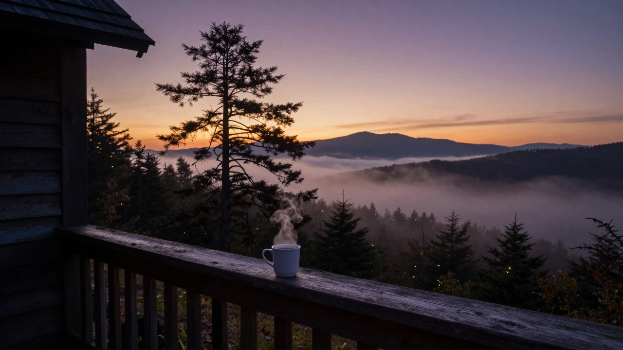 Dusk on a cabin porch with fog rolling over mountains and a steaming coffee cup.