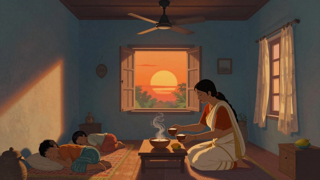 Family resting indoors in South India during extreme heat, drinking cool herbal drink.