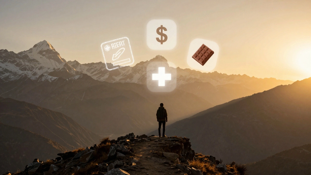 Silhouetted hiker on a mountain ridge at sunset with floating icons representing hidden trekking costs like permits and insurance.