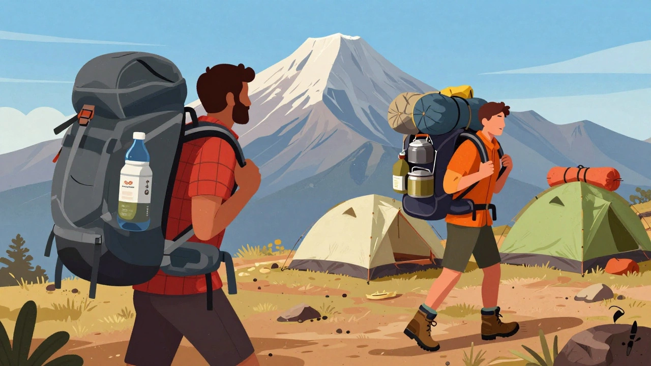 Split image showing budget trekker with personal gear versus premium trekker with porters carrying equipment on a mountain path.