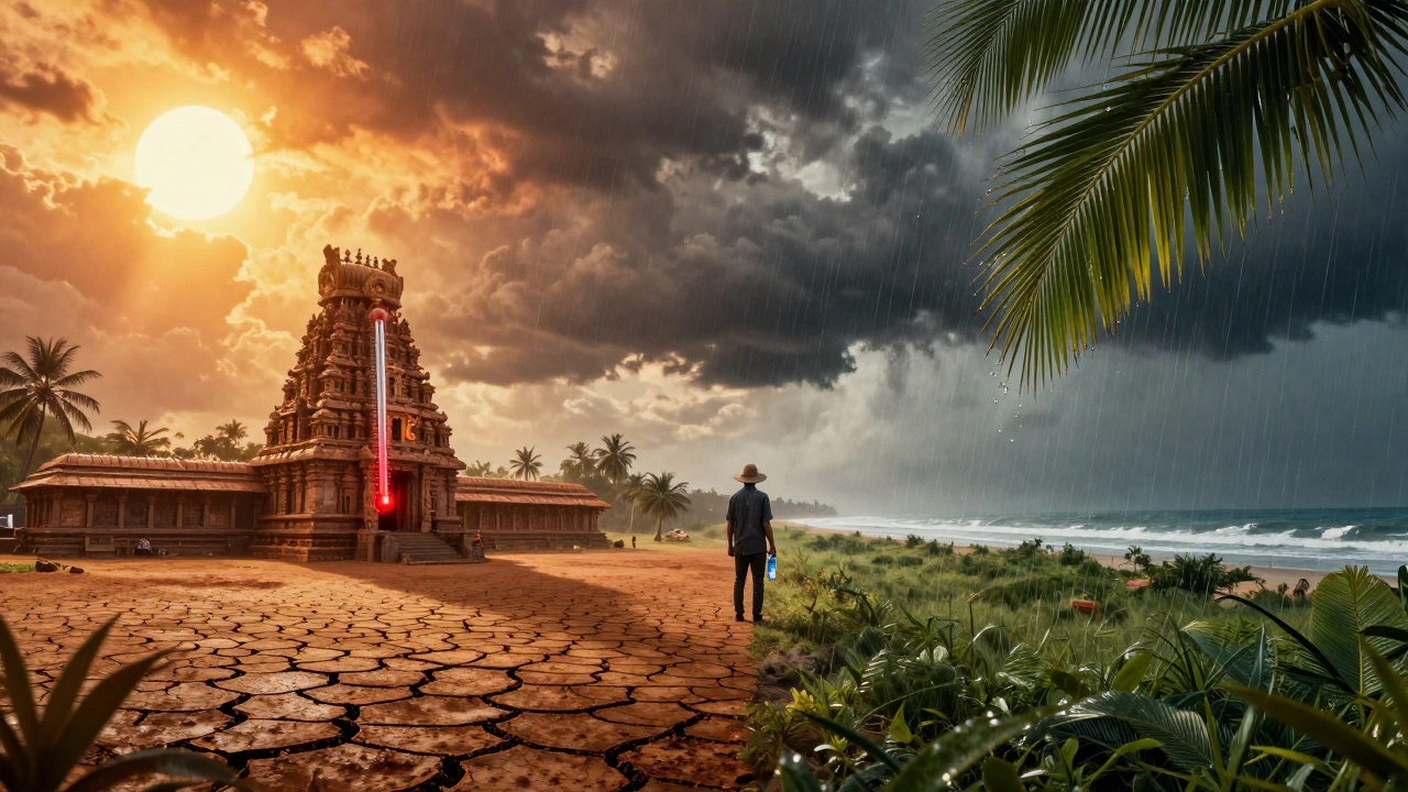 Split landscape: scorching land on left, monsoon clouds approaching on right.