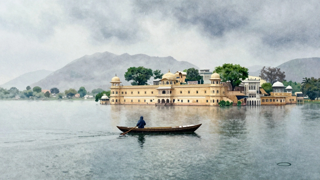 Udaipur's Lake Pichola shrouded in monsoon mist, with palaces reflected in calm water and a lone rowboat drifting peacefully.