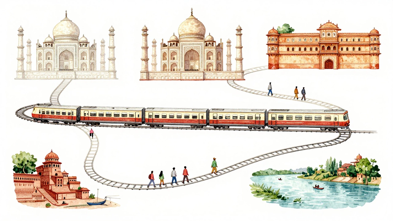 Watercolor map of India connecting key travel destinations with faint traveler figures along the route.