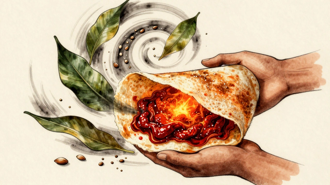 A Karnataka Mysore masala dosa with glowing fermented chili paste filling.