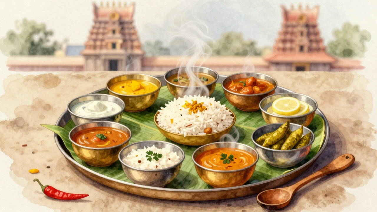 A traditional Tamil Nadu thali with twelve dishes served on a banana leaf.