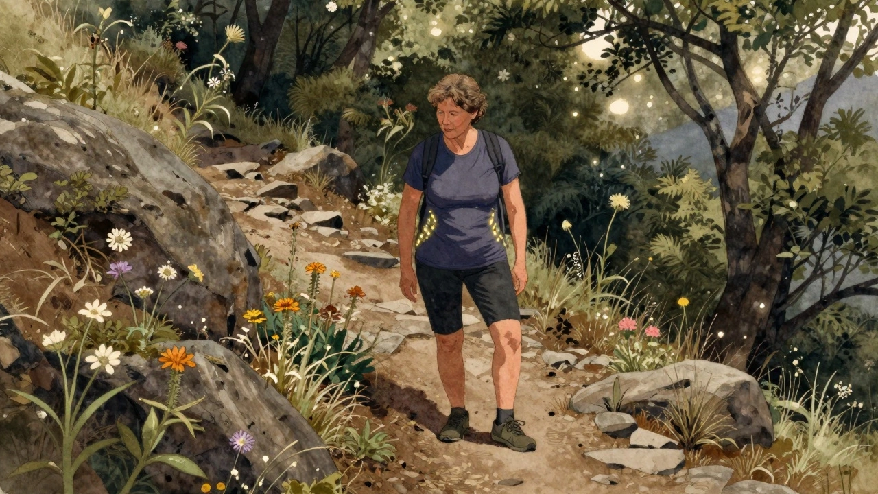 A woman over 50 hiking on a forested mountain path, upright posture, surrounded by wildflowers.