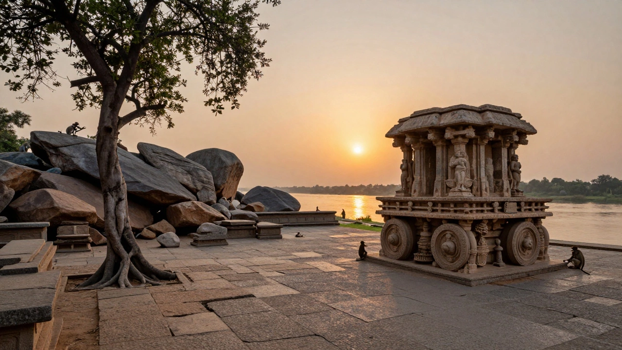 Hampi ruins with trees growing through ancient stones, monkeys on statues, river glinting in sunset light.