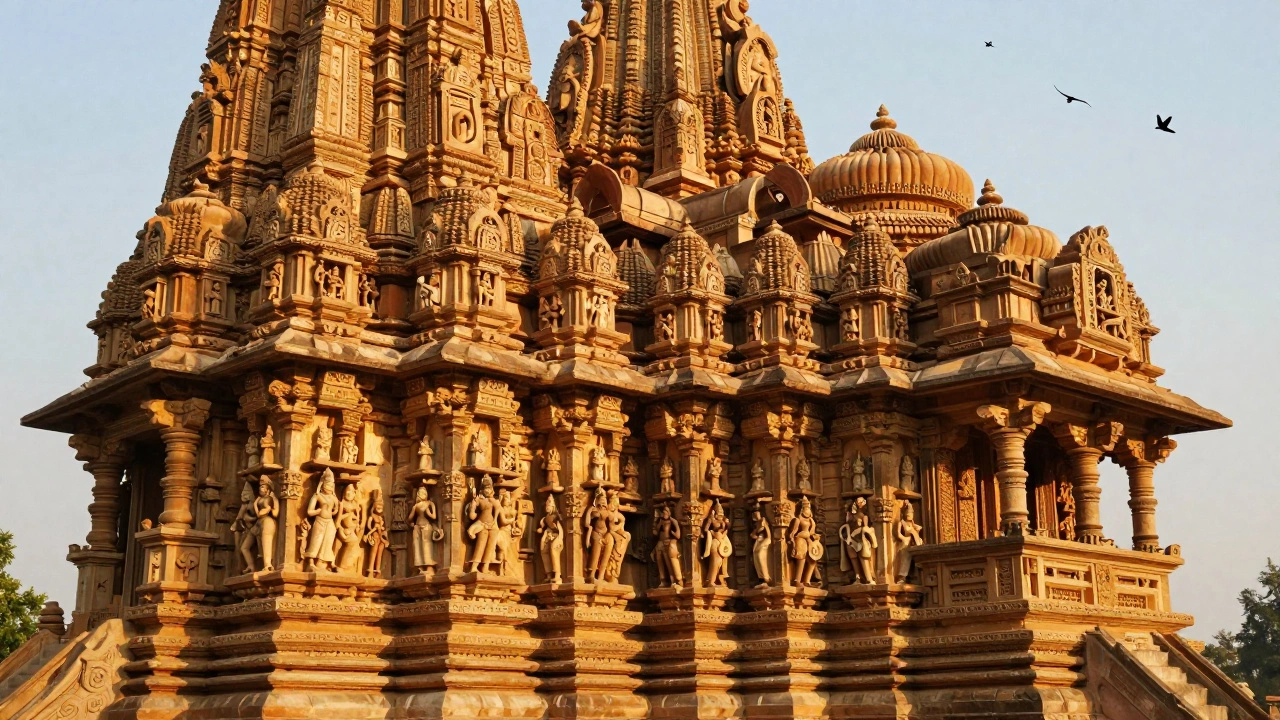 Khajuraho temples covered in detailed stone carvings, bathed in golden sunlight, silent and empty.