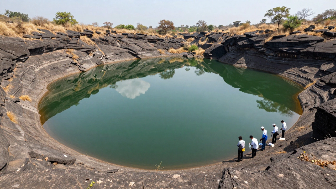 Lonar Crater Lake with alkaline water reflecting sky, surrounded by rocky basalt formations.