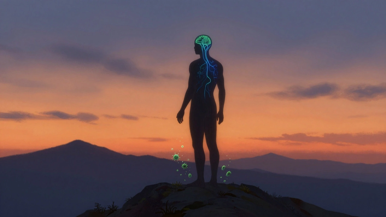Silhouette on a mountain ridge at sunset with glowing neural pathways and microbial swirls.
