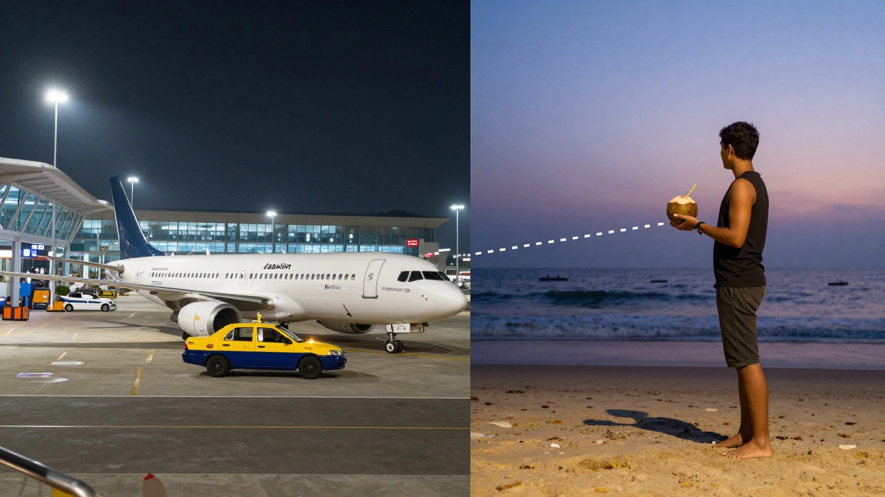 Split image showing airport terminal and Colva Beach connected by a dotted line, symbolizing quick access.