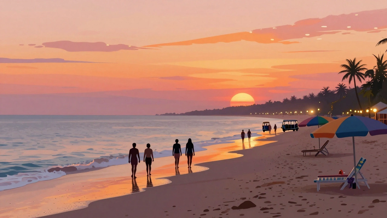 Sunset at Colva Beach with silhouettes walking along the shore, colorful umbrellas, and glowing sky.