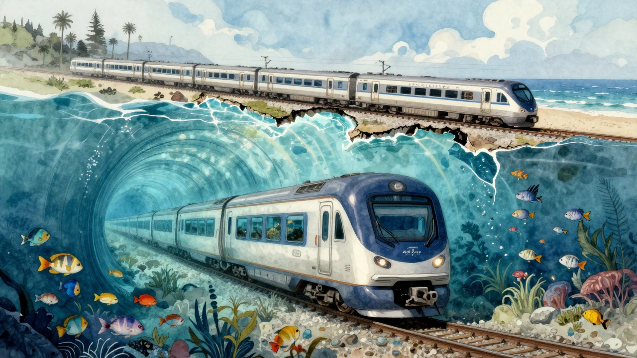 Surreal dream of a train traveling underwater toward Hawaii with tropical fish.