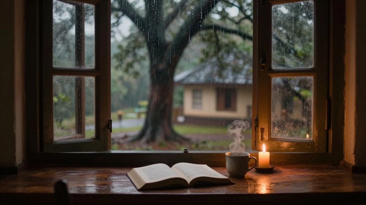 A cozy cottage window shows a book and candle glowing softly in the quiet morning light.