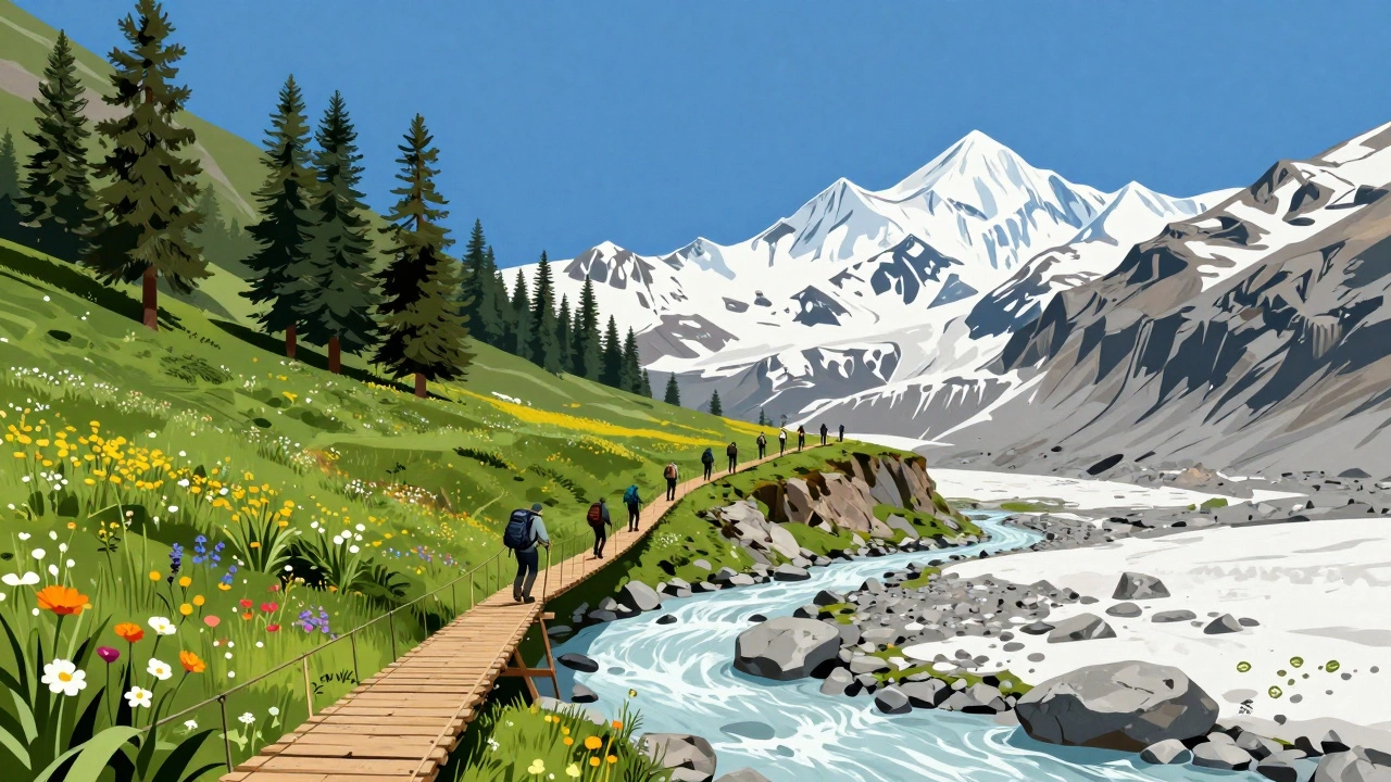 A dramatic split landscape showing wildflower meadows transitioning into a rocky, snowy moonscape on the Hampta Pass trek.