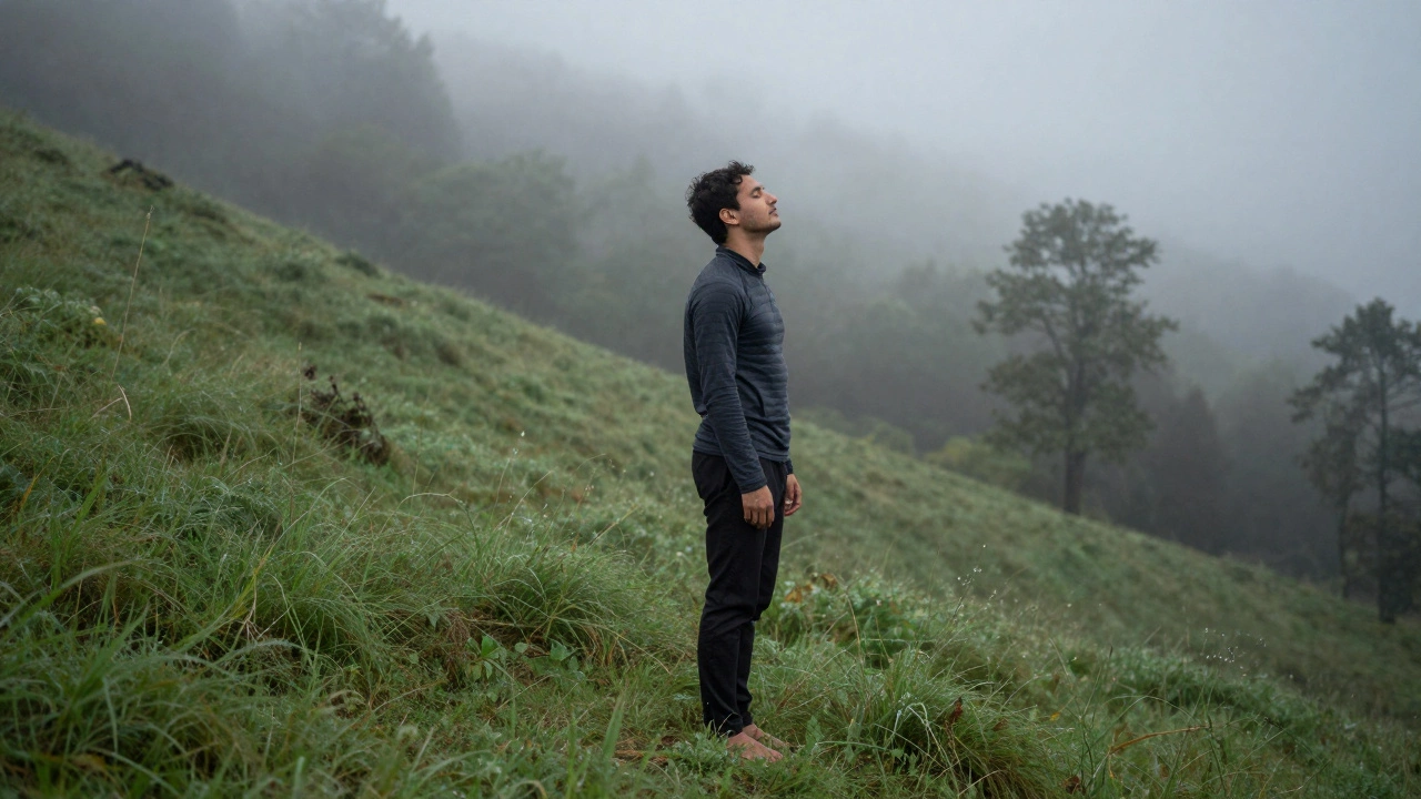 A solo traveler stands barefoot in a misty forest at sunrise, eyes closed, embracing stillness.