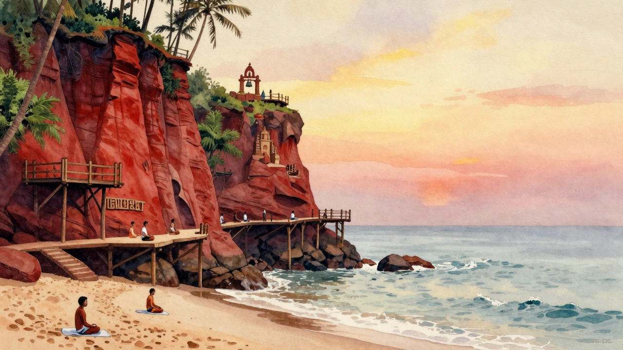 Cliffside beach with red rock formations overlooking calm sea, people meditating on wooden platforms, no crowds.