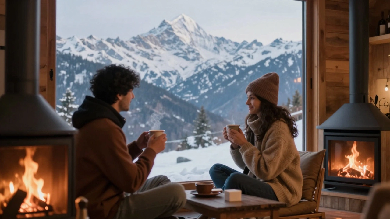 Couple in Himachal cabin with fireplace and mountain view