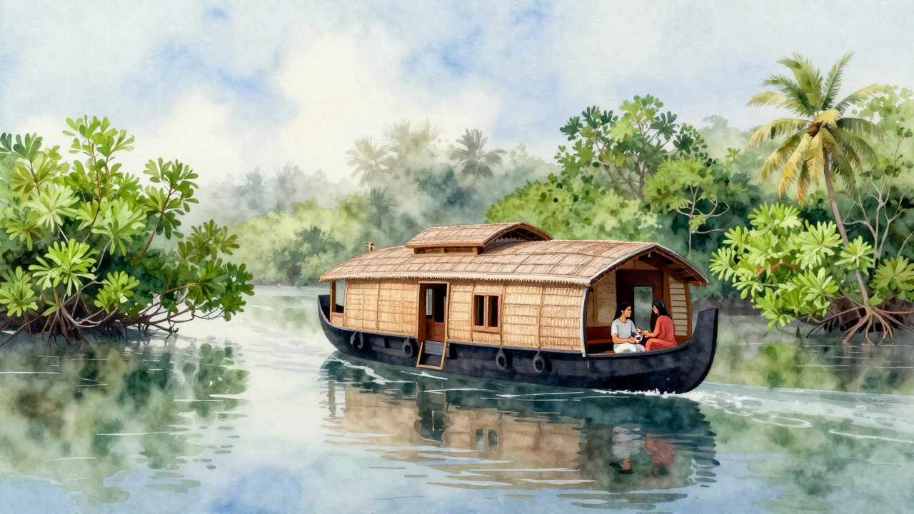 Couple on Kerala houseboat in backwaters at dawn