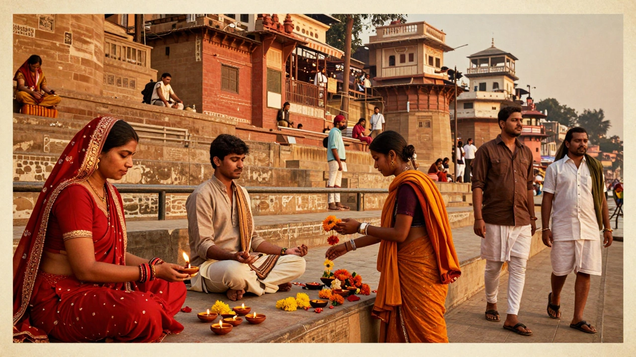 Diverse tourists from Bangladesh, USA, Nepal, and Russia gathered at Varanasi ghats during evening aarti.