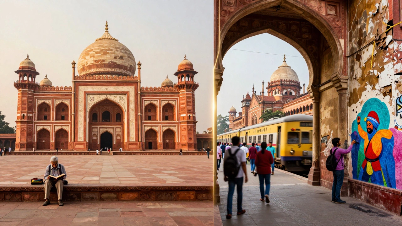 Dual portrait: Delhi's serene tomb on one side, Mumbai's bustling train station on the other.