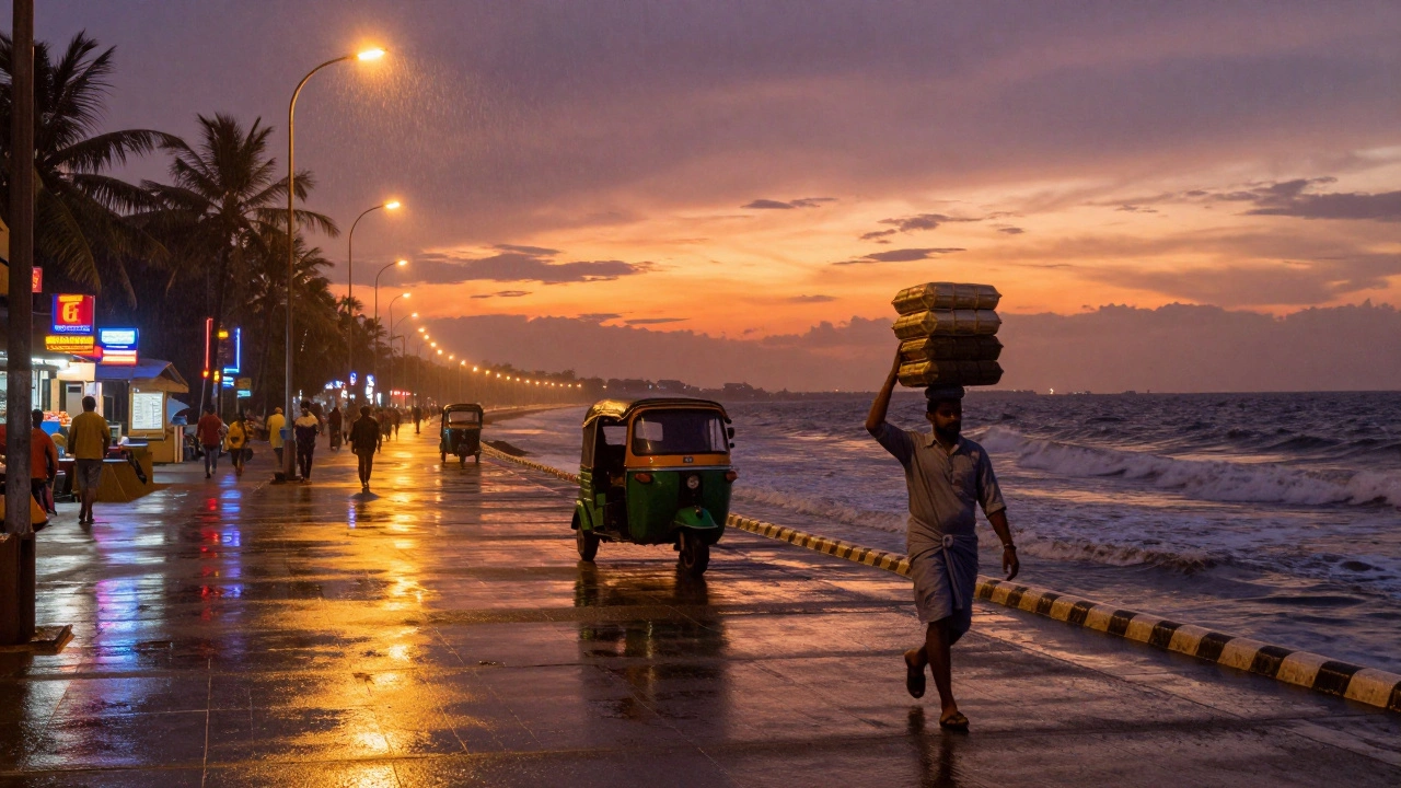 Sunset on Mumbai's Marine Drive with glowing lights, crashing waves, and a dabbawala in motion.