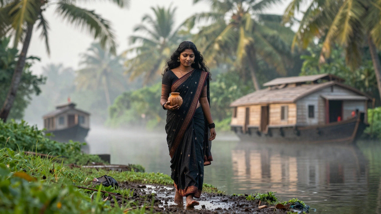 A Keralite woman walking barefoot along a misty canal with coconut oil and lush greenery around her.