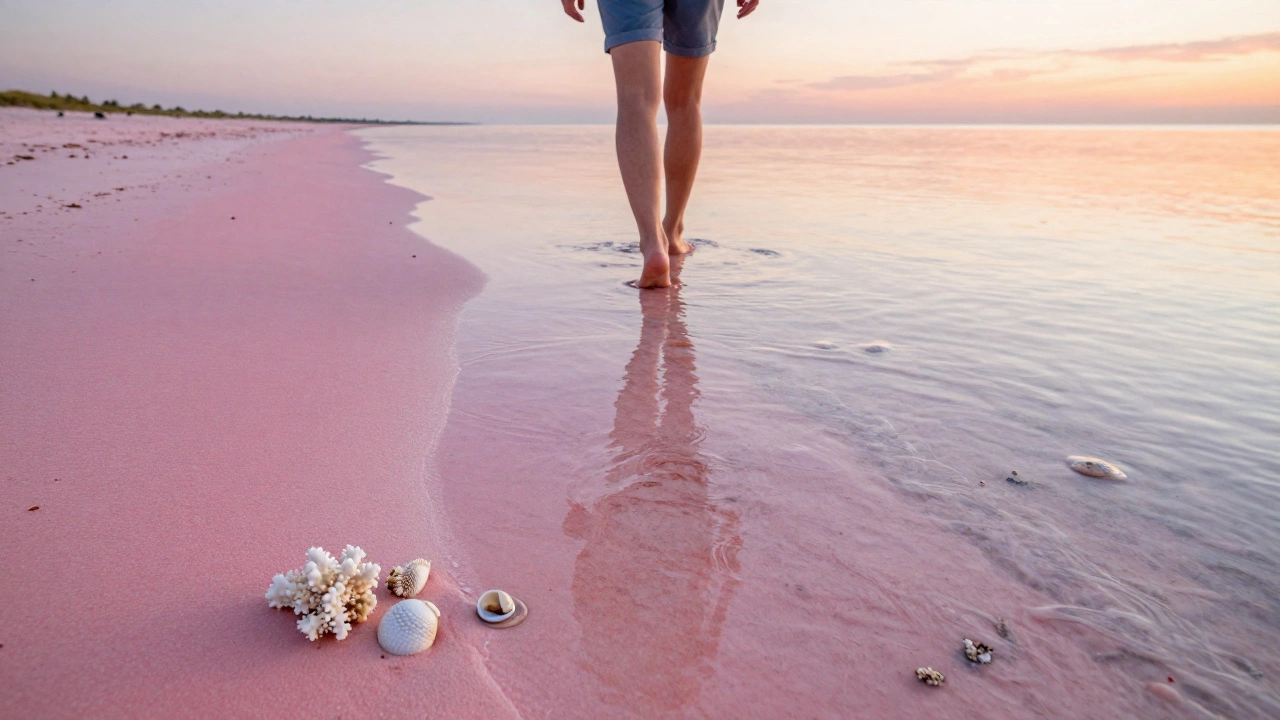 A person walking barefoot on pink sand at low tide, observing natural colored sediment mixed with coral.