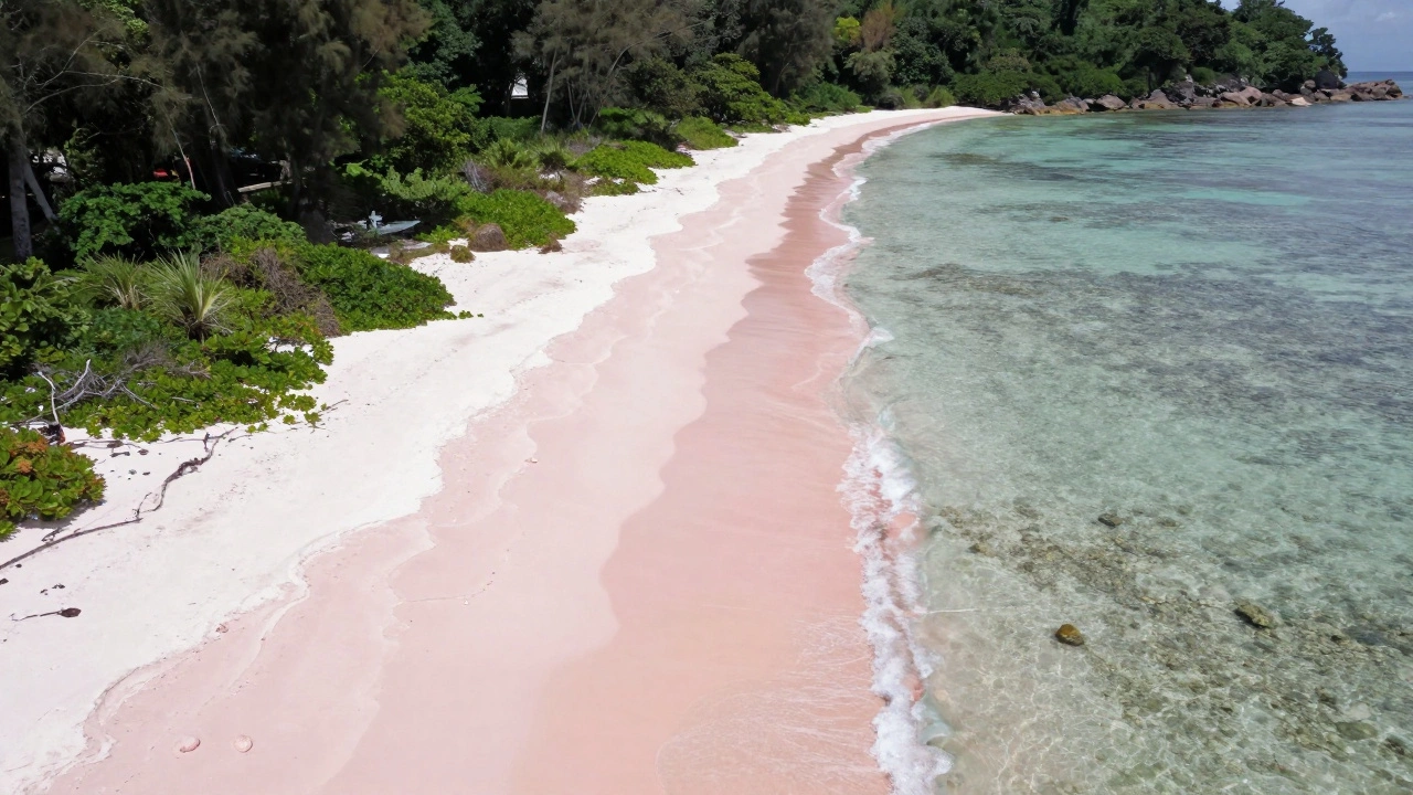 Aerial view of a narrow pink sand beach between forest and sea, untouched and serene.